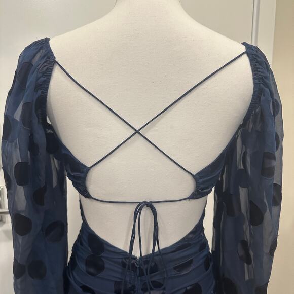 For Love & Lemons Lula Mini Dress Navy Polka Dot Ruched Chiffon Silk Party XS - Picture 7 of 10